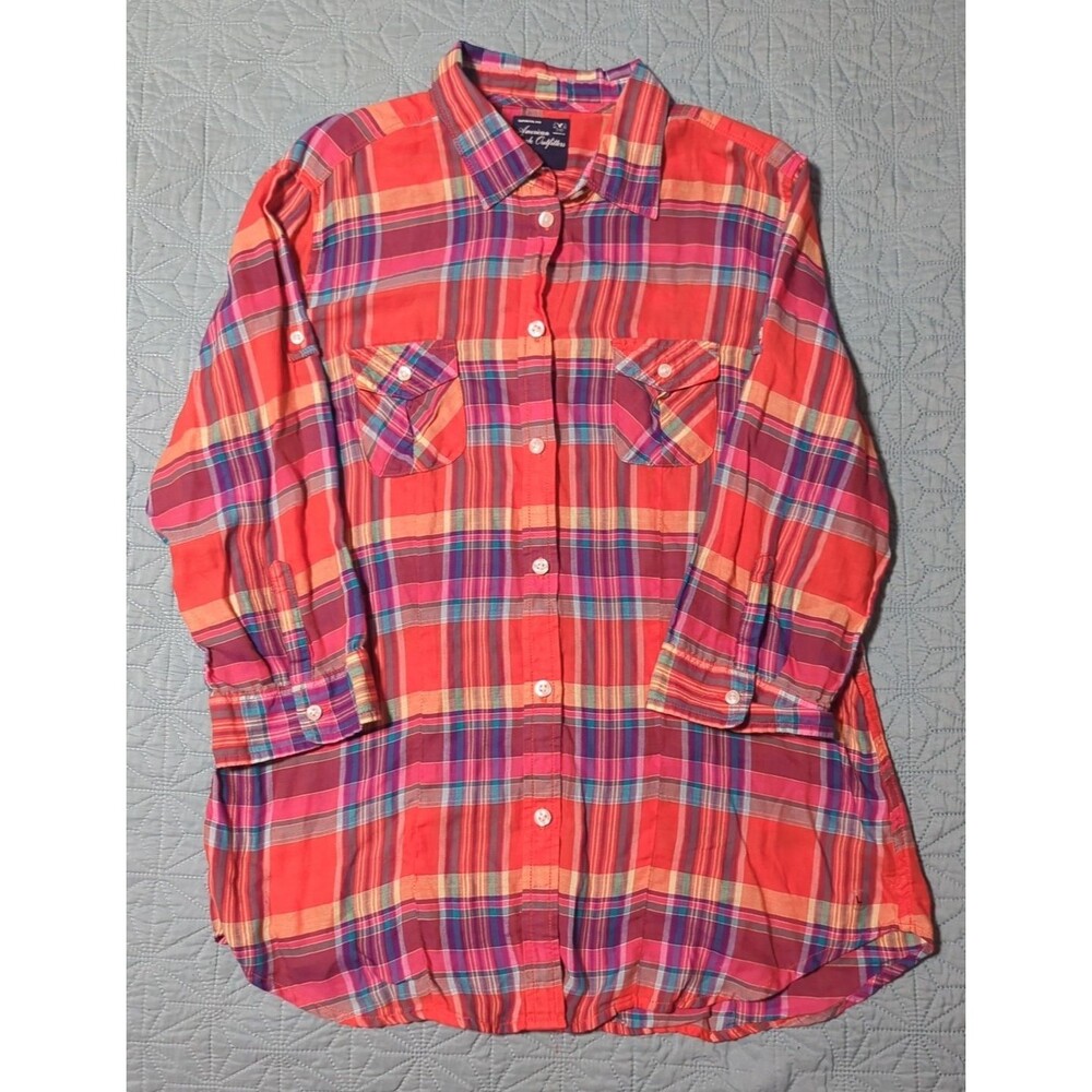 American Eagle Shirt Womens Sz L Orange Blue Pink Plaid Roll Tab Sleeves Vibrant